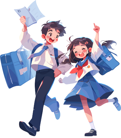 男孩和女孩背着书包快乐学习高清素材