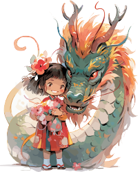 可爱的中国龙与小女孩插图