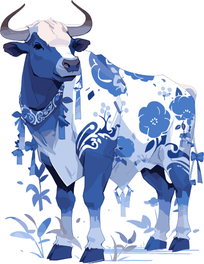 中国牛蓝白设计创新扁平插图