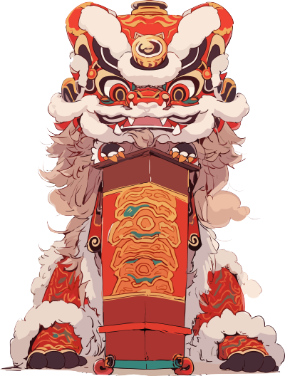 中国新年彩色逼真风格的舞狮插图