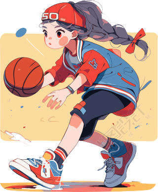 卡通女孩玩篮球插画