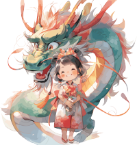 中国龙和小女孩彩色服装插图