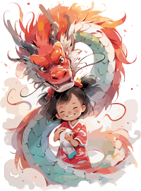 可爱的中国龙和小女孩插画