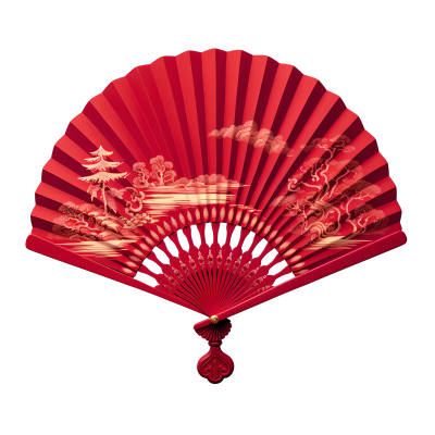 透明背景纯红色中国风折扇素材