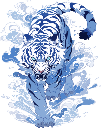 中国老虎扁平插图蓝白色元素
