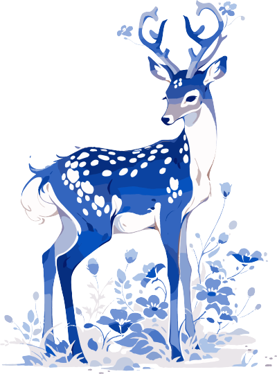 中国麋鹿木版画扁平插画蓝白配色元素
