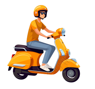 亚洲男子橙色电动车平面插画