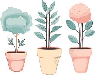 儿童图书风格的三个盆栽植物插画