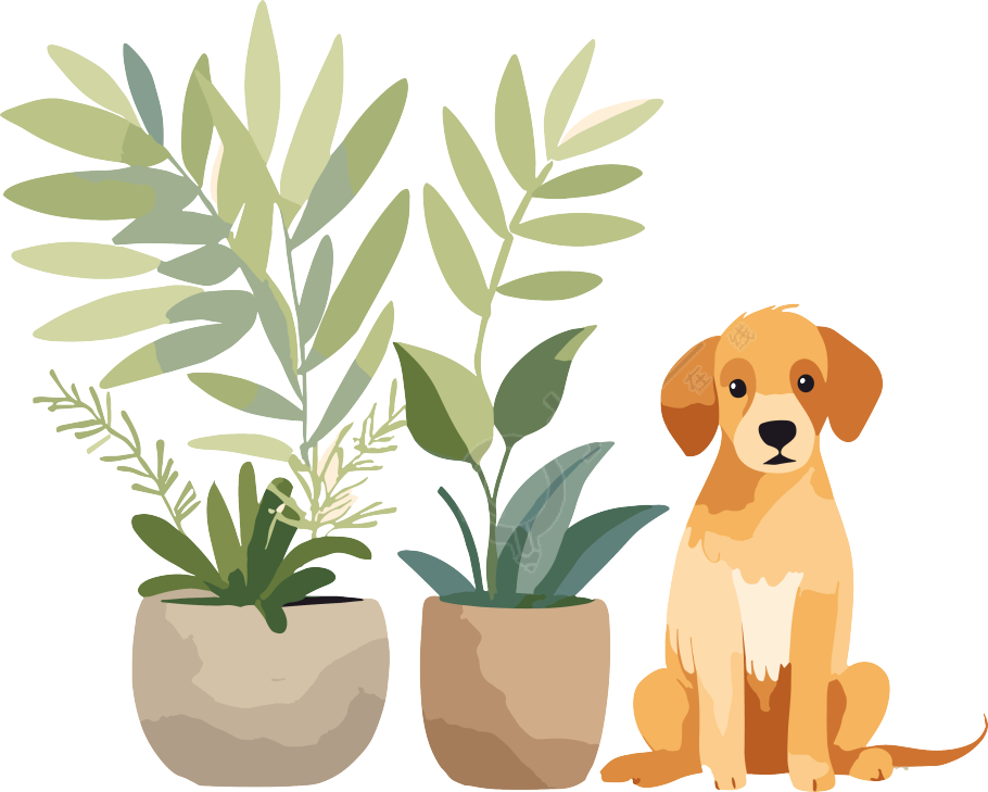 儿童图书风格的盆栽和狗狗插图
