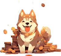 金币旁边的柴火狗卡通插画素材