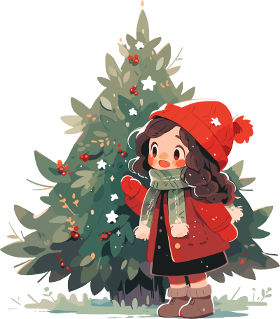 可爱的小女孩与圣诞树简约插画素材