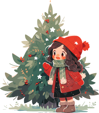 可爱的小女孩与圣诞树简约插画素材