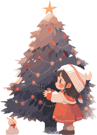 圣诞快乐可爱小女孩圣诞树2D素材