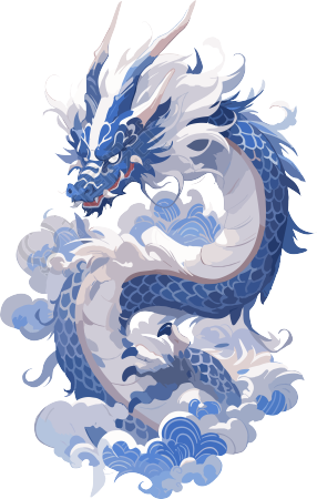 中国龙与蓝白瓷器平面插画