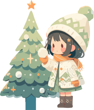 可爱小女孩站在圣诞树旁的插图