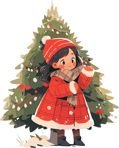 可爱小女孩与圣诞树2D商用插画