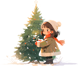 卡通圣诞树可爱小女孩2D图形插画
