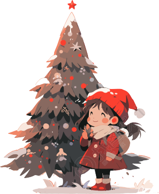 可爱小女孩与圣诞树可商用卡通元素