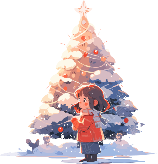 可爱小女孩与圣诞树卡通元素