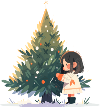 圣诞树旁的可爱小女孩卡通元素