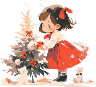 圣诞快乐可爱女孩与圣诞树PNG素材