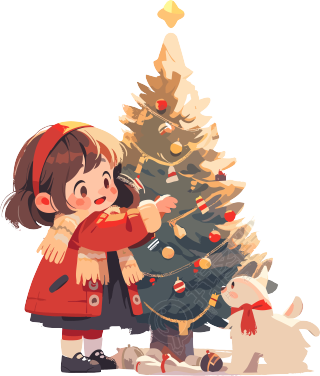可爱小女孩旁边的圣诞树卡通元素