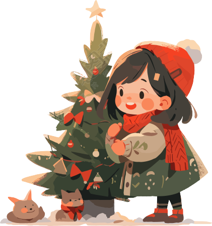 可爱小女孩旁边的圣诞树商用素材