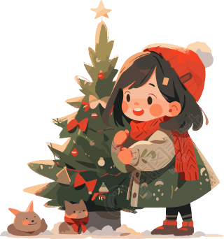可爱小女孩旁边的圣诞树商用素材