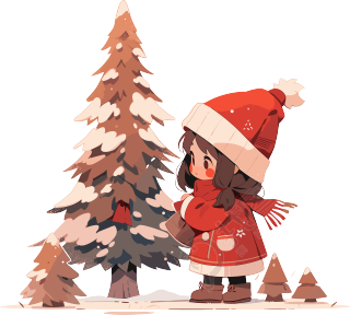 可爱的小女孩与圣诞树透明背景插图