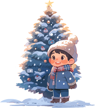 可爱小男孩圣诞树插图