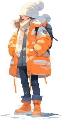 女性穿着蓝色羽绒服的全身插画