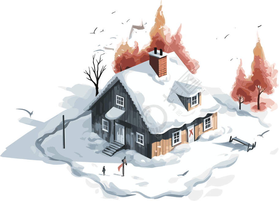 白色背景的小房子与雪