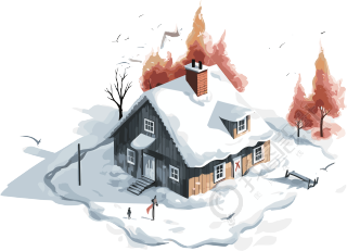 白色背景的小房子与雪