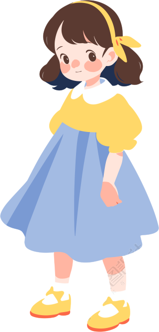 蓝色连衣裙的可爱小女孩插画素材