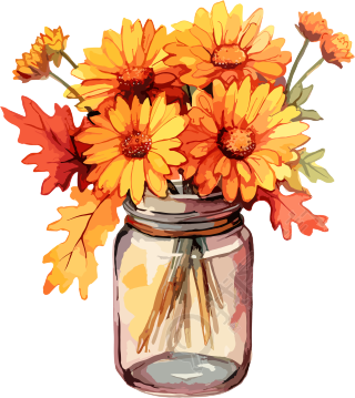 秋花玻璃瓶中的简易水彩插画