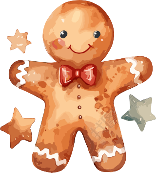 圣诞节插画透明背景的姜饼人带冬青叶