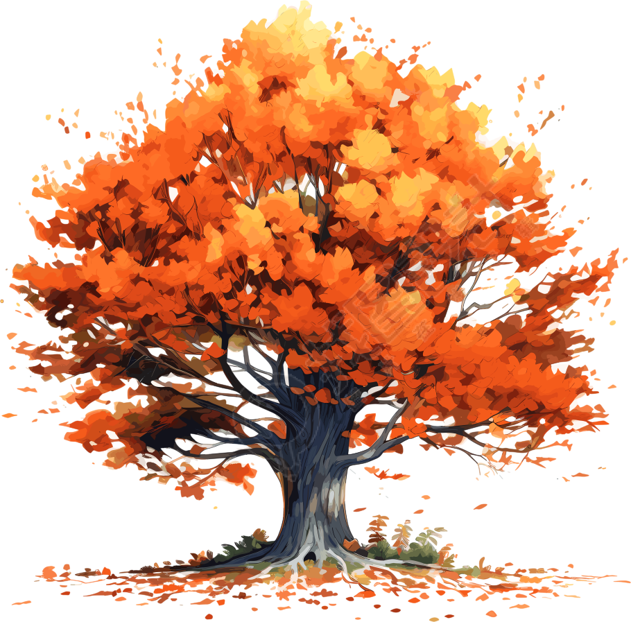 秋季白底橙色手绘大树图形png素材