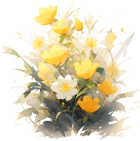 水彩画黄色花朵与翡翠绿枝叶