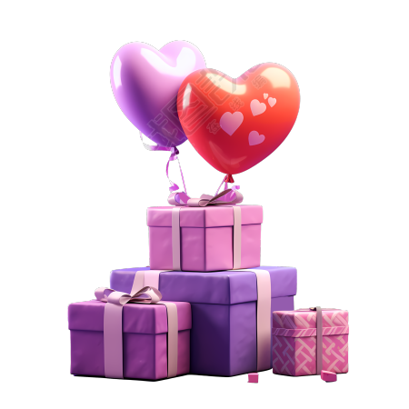 紫色背景的爱心气球和紫色礼盒