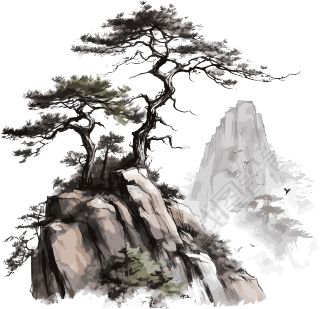 中国风松树山脉悬浮枝叶水墨插画白底图