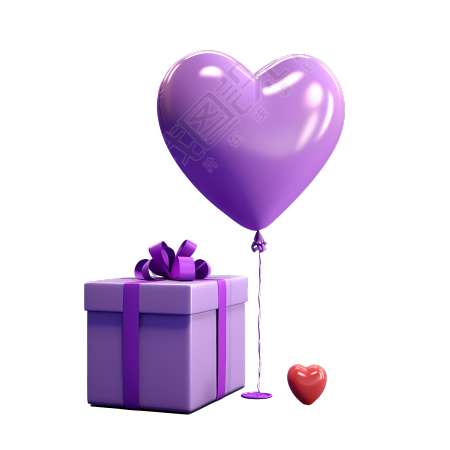 紫色背景下的爱心气球和紫色礼盒