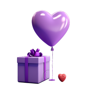 紫色背景下的爱心气球和紫色礼盒