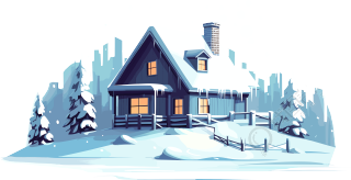 白色背景下的雪中小屋2D平面图商业插画
