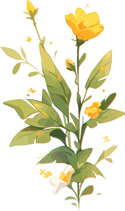 黄花与翡翠绿枝叶水彩画素材