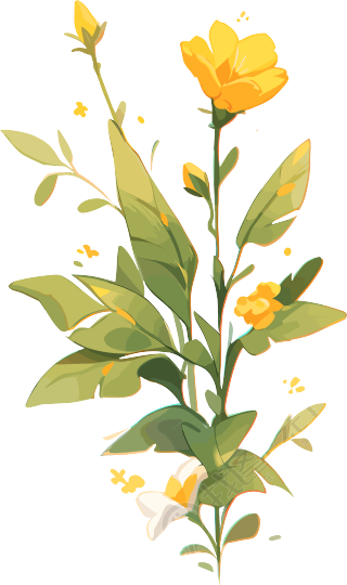 黄花与翡翠绿枝叶水彩画素材