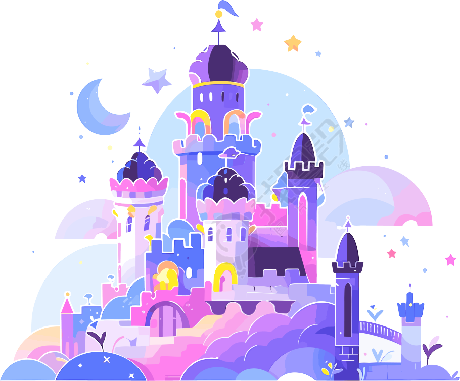 月球城堡建筑2D平面插画