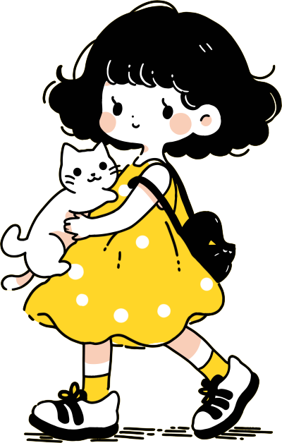 卡通小女孩白色小猫创意商业插画