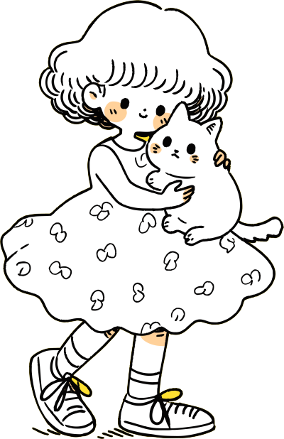 卡通小女孩和白色小猫插画