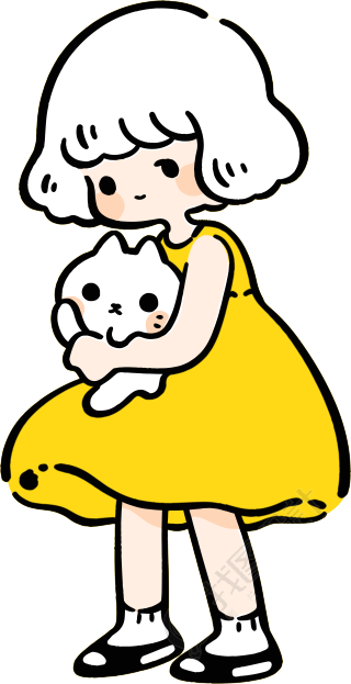 卡通小女孩与小白猫插画
