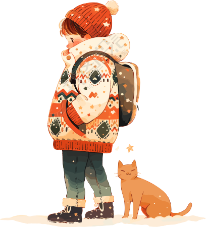 冬日男孩和猫奇妙插图